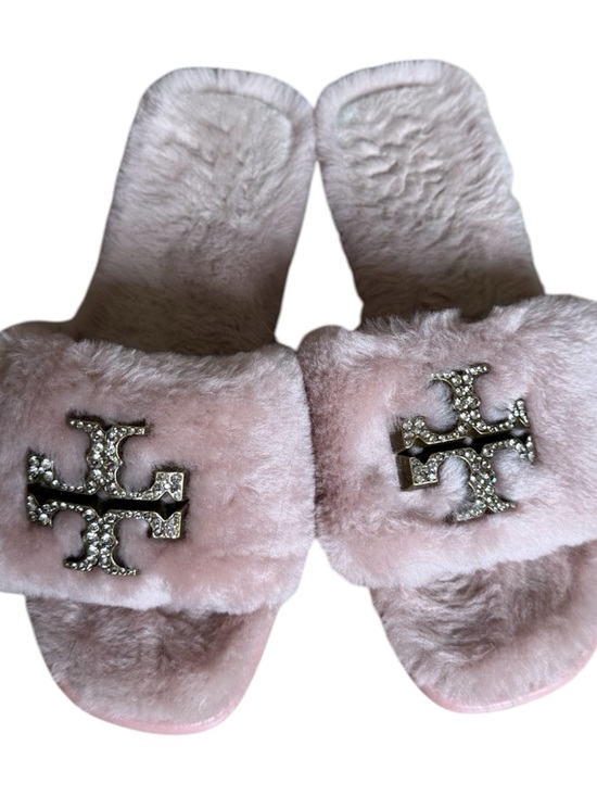 Tory Burch Shoes - Tory Burch Pink Fur Slide Sandals with Crystal Logo